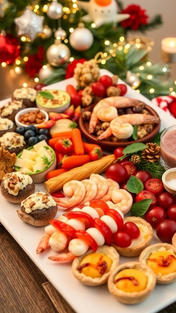 A festive spread of Christmas party appetizers including stuffed mushrooms, cheese platter, shrimp cocktail, caprese skewers, and mini quiches.